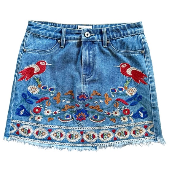 Umgee Embroidered Floral Bird Boho Mini Denim Jean Skirt Size Small - Picture 1 of 11